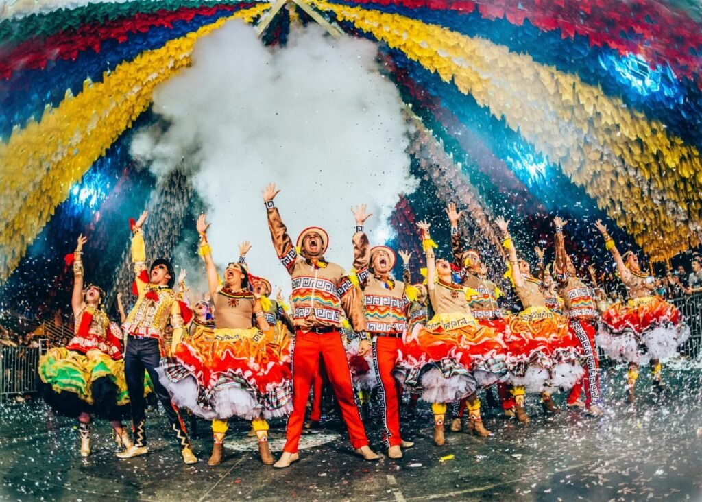 Colorful dancers perform at Festa Junina in Campina Grande, Brazil.